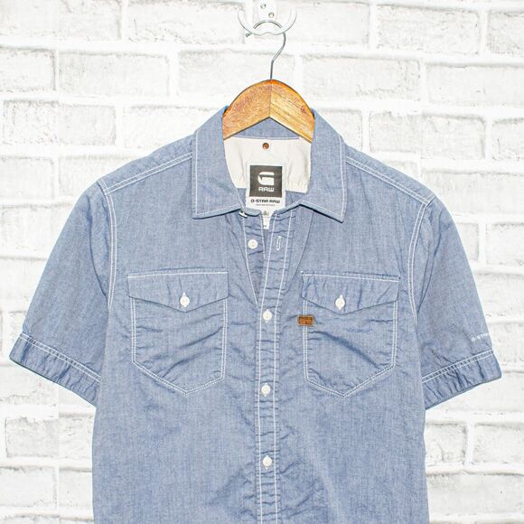 G Star RAW Short Sleeve Button up Shirt Blue Chambray 2 Pocket Men's Sz Medium - Picture 3 of 6